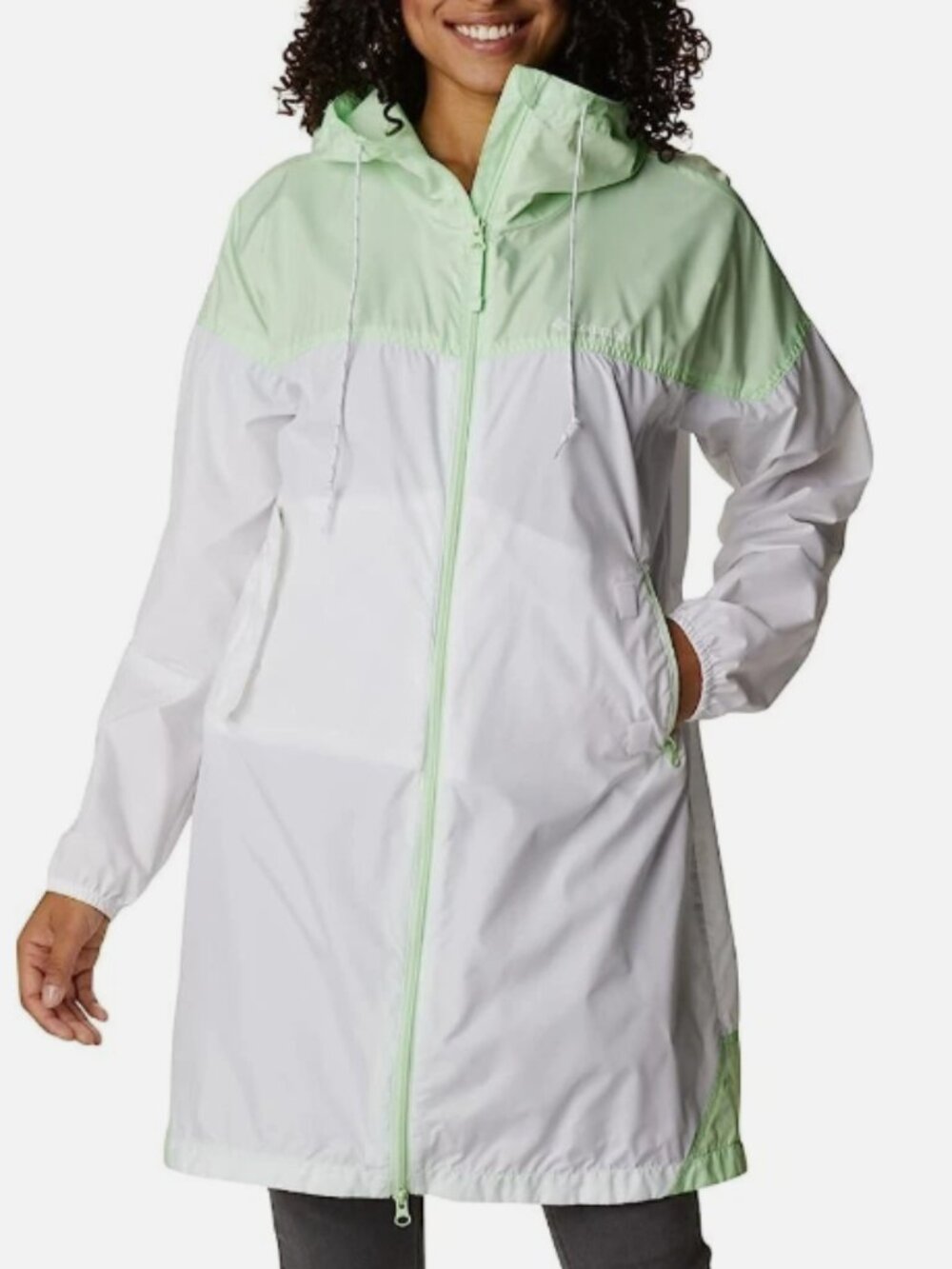 Columbia Two-Tone Hooded Challenger Long Windbreaker in Mint Green & White